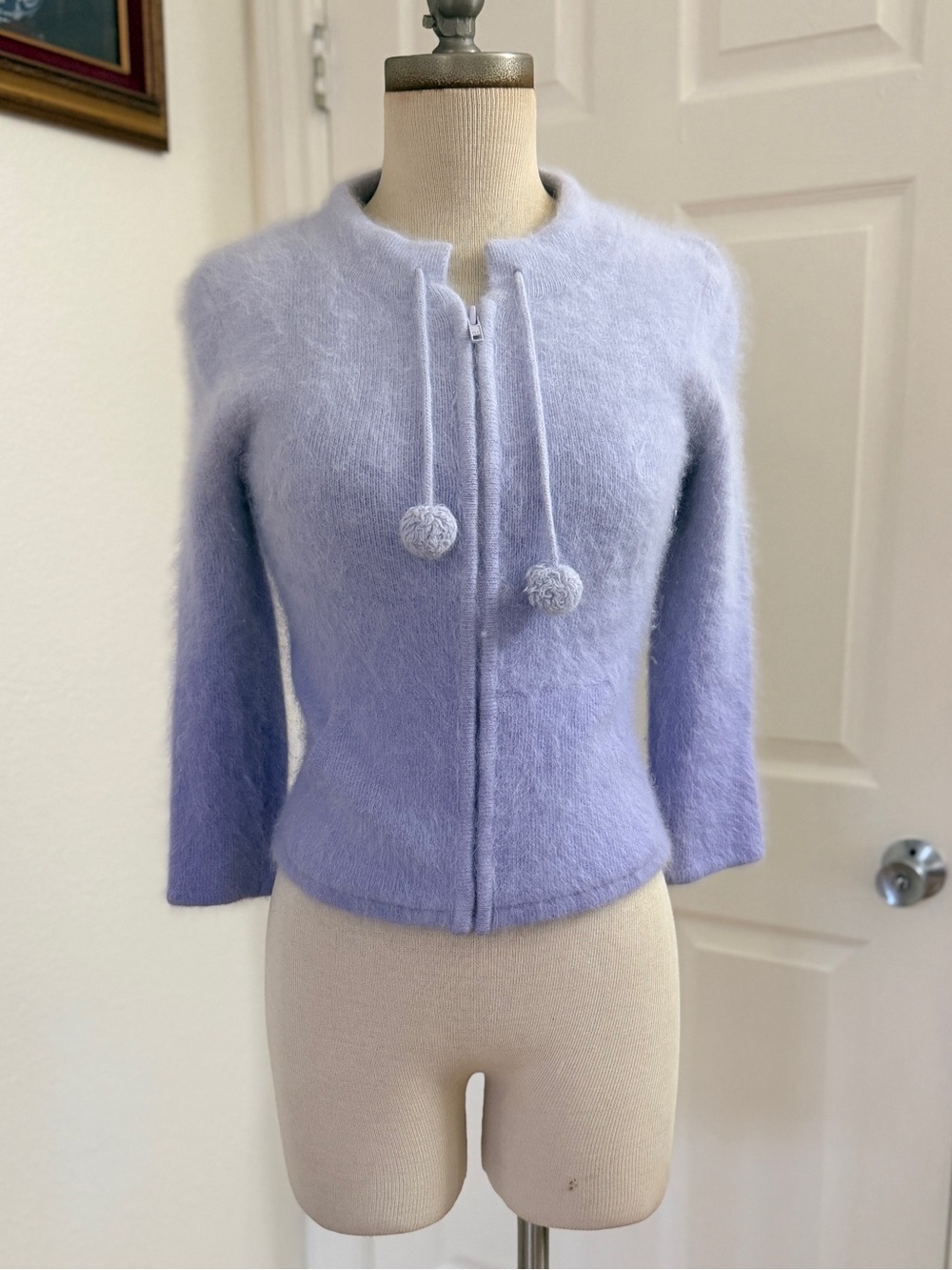 bebe Lilac Fuzzy Pom-Pom Zip Cardigan